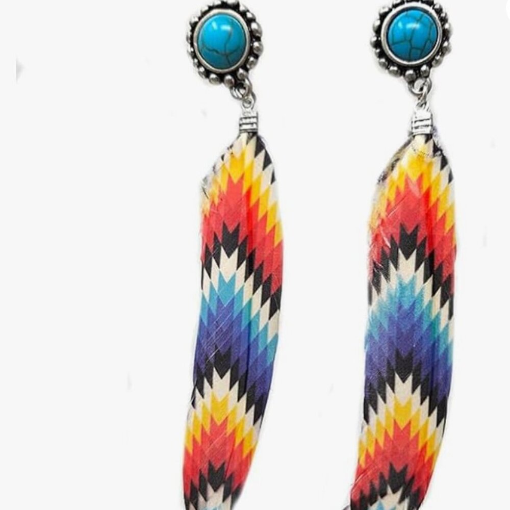 Drop Earrings - Western Feather with Turquoise Blue Stone